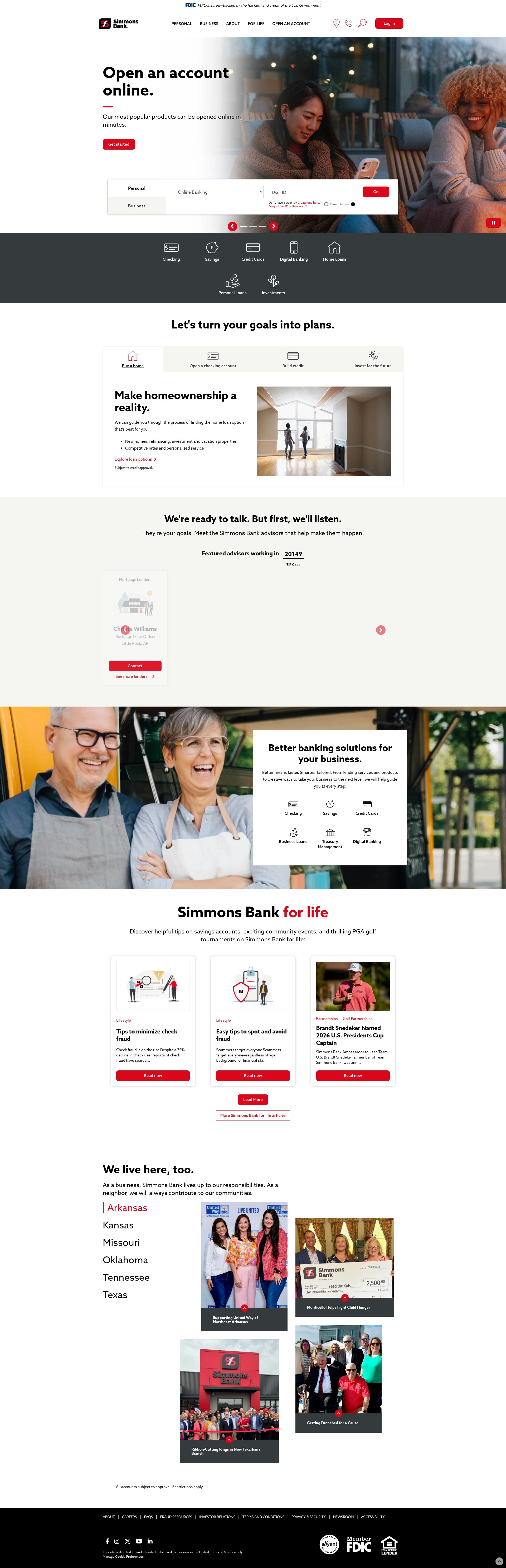 Screenshot of www.simmonsbank.com