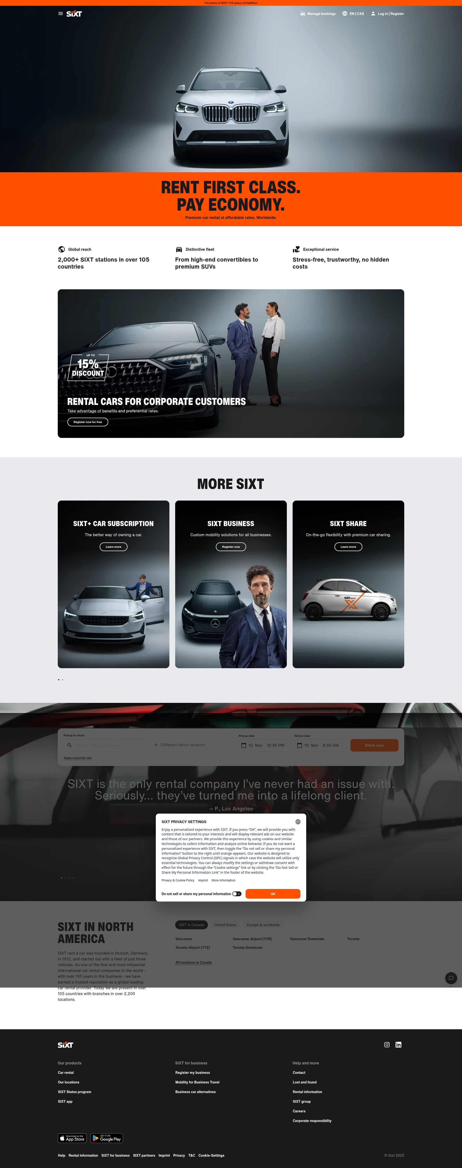 Screenshot of www.sixt.ca