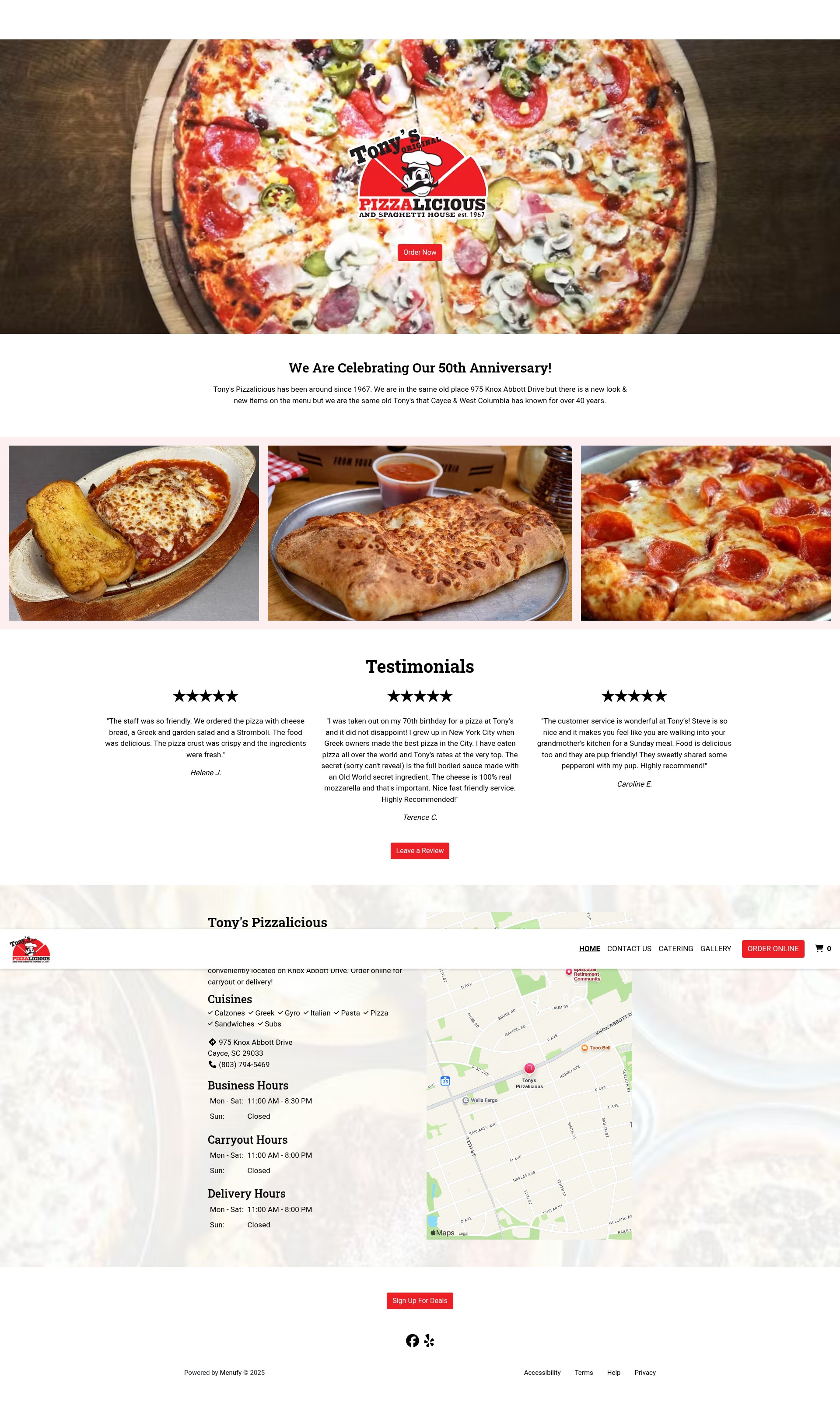 Screenshot of www.tonyspizzalicioussc.com