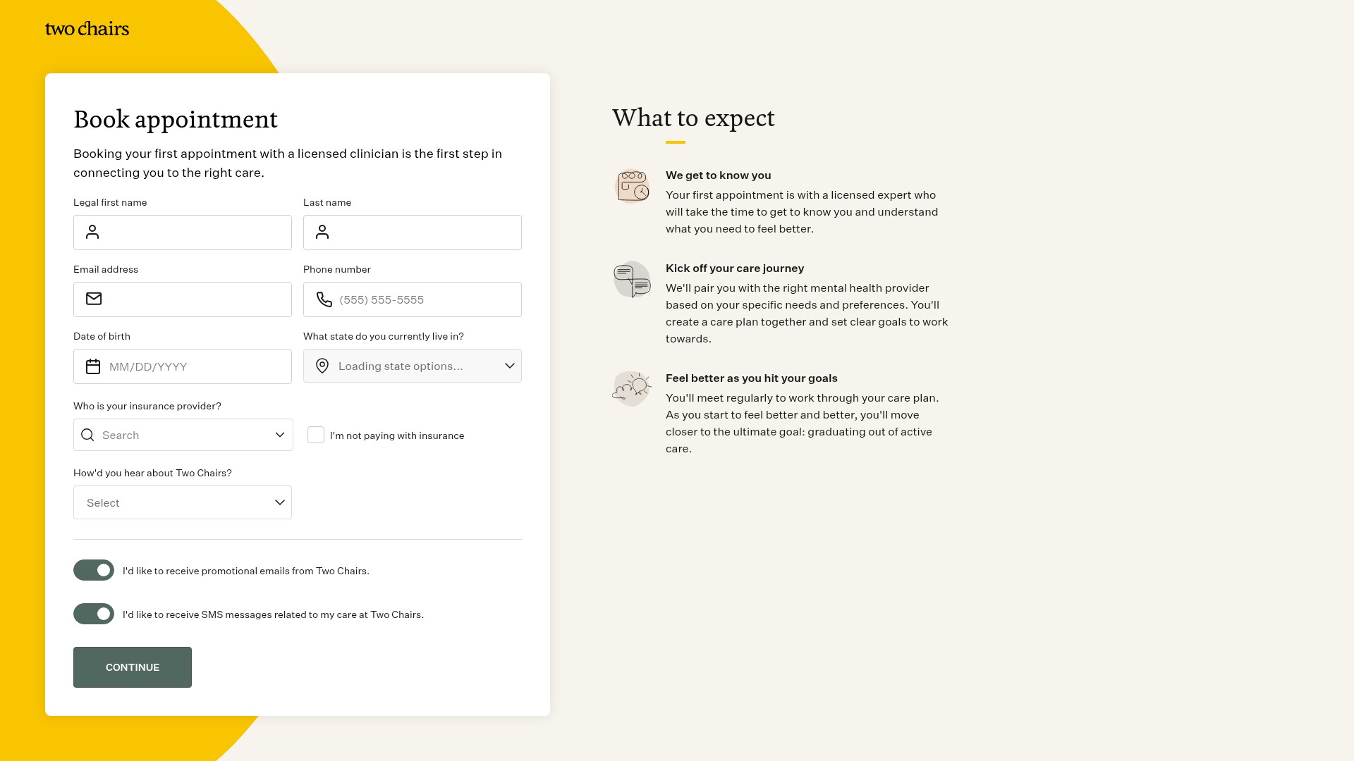 Screenshot of www.twochairs.com