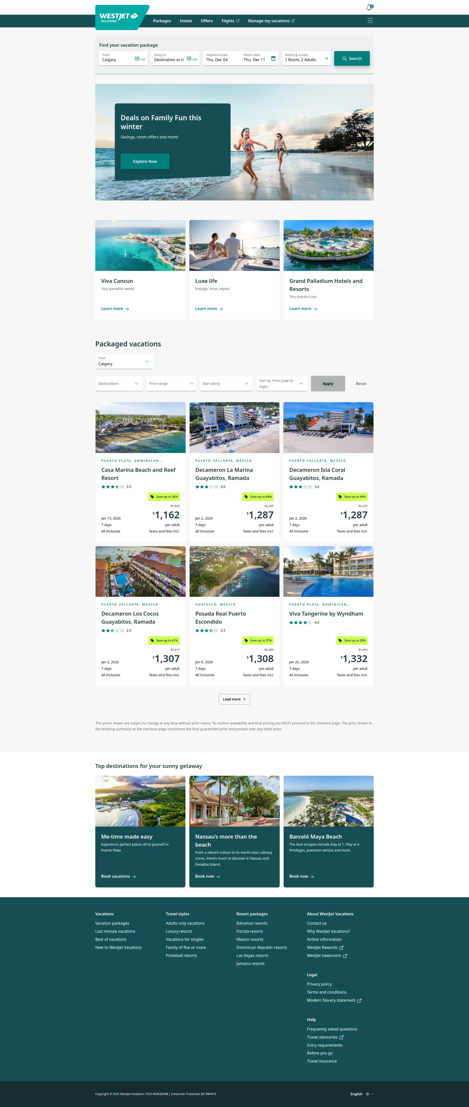 Screenshot of www.westjetvacations.com
