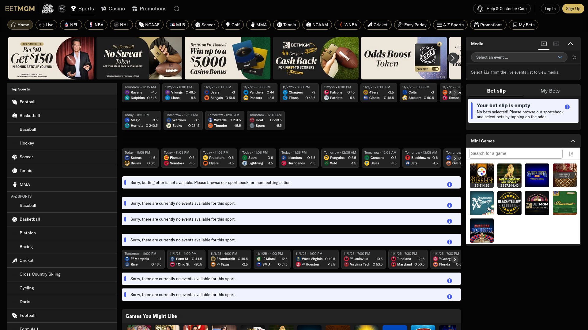 Screenshot of www.wv.betmgm.com