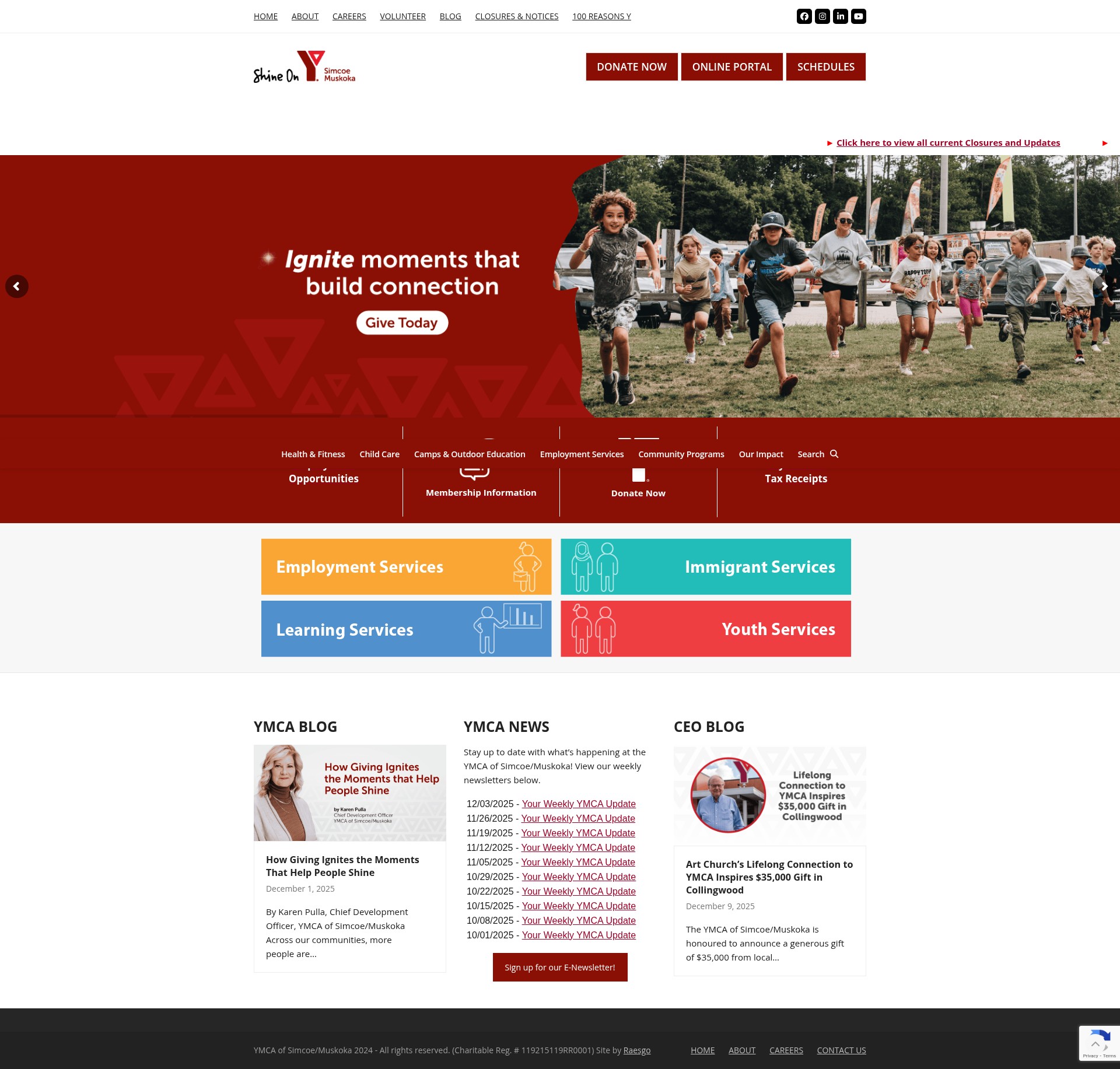 Screenshot of www.ymcaofsimcoemuskoka.ca