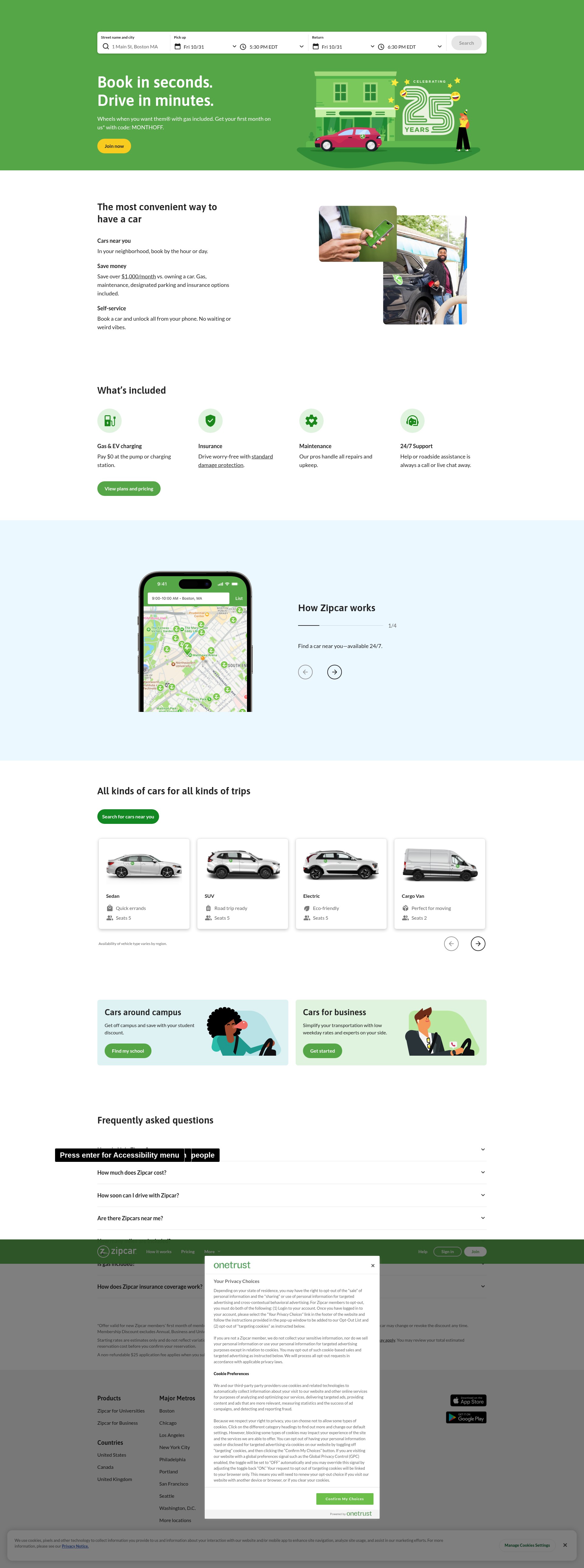 Screenshot of www.zipcar.com