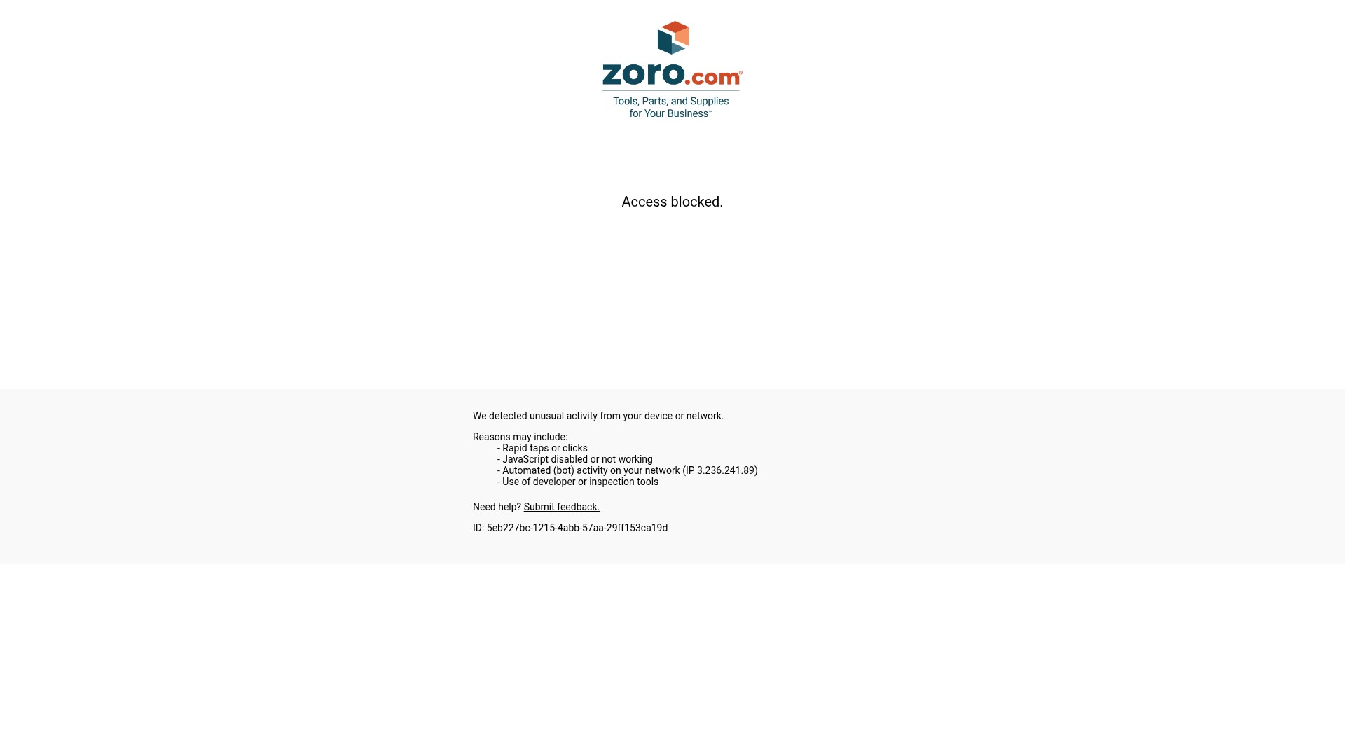Screenshot of www.zoro.com