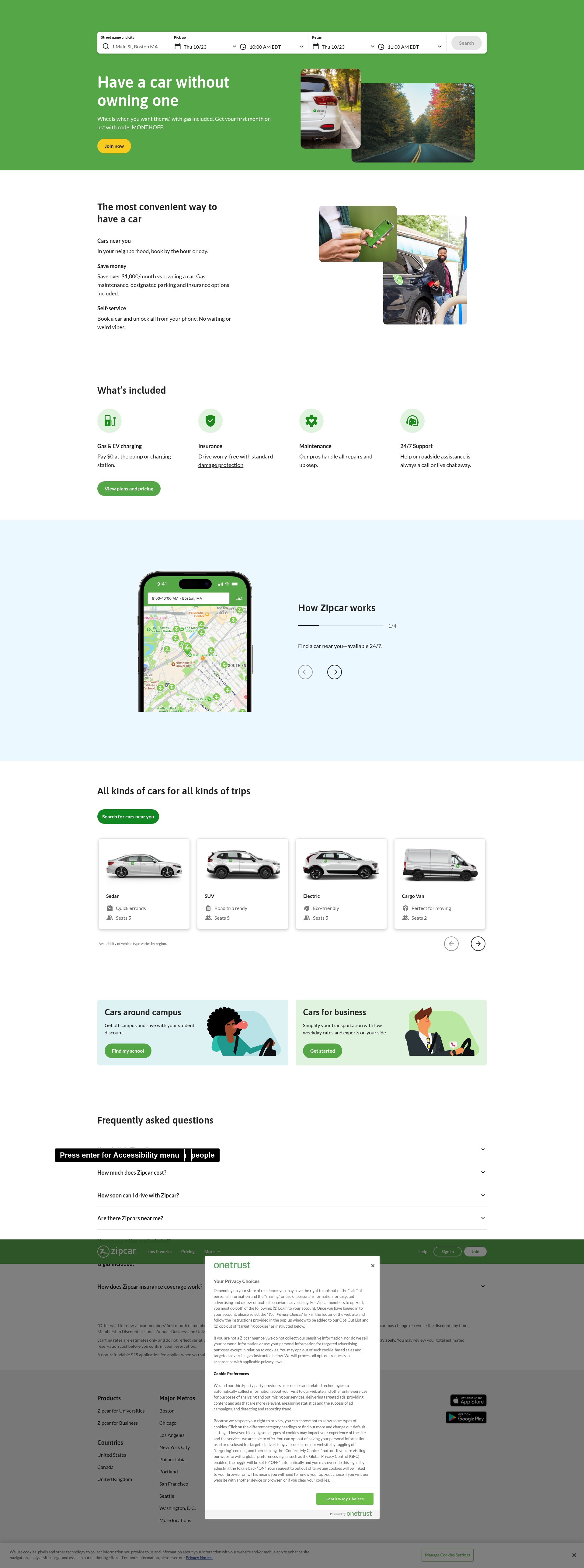 Screenshot of zipcar.com